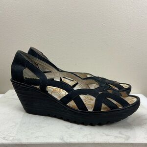 Fly London Black Wedge Sandals 9.5